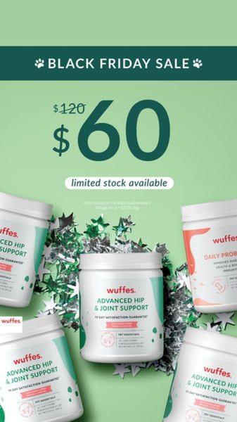 A vertical ad layout highlighting a 50% price reduction on joint support supplements for pets, utilizing high-contrast colors and scarcity triggers.